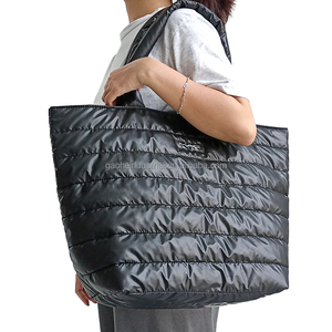 2026 Trendy Ladies Quilted Puffy <strong>Solid</strong> Pattern Tote <strong>Bag</strong> Soft Comfortable Large Capacity <strong>Black</strong> Open Embroidery Nylon Exterior - Product Image 3