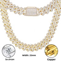 Chaîne cubaine entièrement sertie de 25 mm à 3 rangs, collier hip-hop en cuivre plaqué or/or blanc, bijou unisexe bling-bling streetwear, cadeau