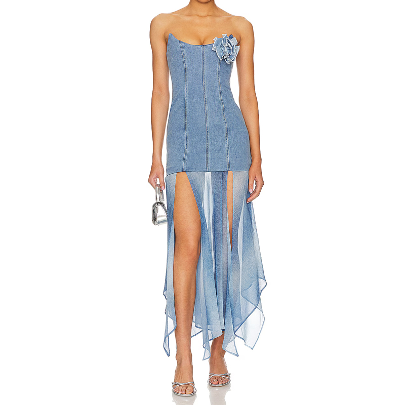 chinese dress ladies Tully Chiffon Denim Maxi Skirt / Indigo Blue | Meshki