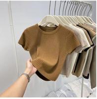 Pull court en tricot mince pour femme, t-shirt d'été décontracté, col rond, manches courtes, couleur unie