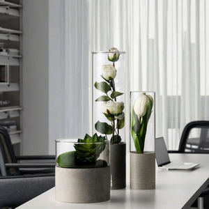 Design moderno fatto a mano cilindro vaso di vetro di cemento <span class=keywords><strong>con</strong></span> Base in <span class=keywords><strong>legno</strong></span> formato personalizzato per la festa di nozze decorazioni per la nuova arte Design - Product Image 4