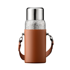 Pure Titanium <b>Insulated</b> <b>Flask</b> Double Wall Vacuum Travel Water Bottle With Leather Sleeve And Strap For Outdoor Use - Product Image 3