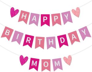 Guirnalda de Decoración de <span class=keywords><strong>Feliz</strong></span> Cumpleaños para Mamá, Guirnalda de Lentejuelas Rosa y Roja para Decoración de Fiesta de Cumpleaños para Mamá, Mujer - Product Image 1
