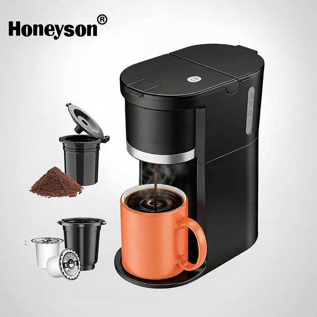Honeyson Electric Small Single Serve Coffee Maker 2-in-1 Fast Brew 12 Oz. K-Cup Grounds Coffee Machine Descaling Reminder