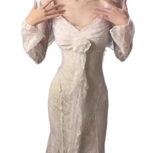 French Style 3D Floral Ribbon Long Sleeve Evening Dress Sweetheart Neckline <b>Sheer</b> Lace Fishtail <b>Maxi</b> <b>Skirt</b> For Women - Product Image 5