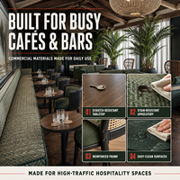 Mobilier commercial moderne pour bar et restaurant : Ensemble de canapés et banquettes en velours rouge pour café, table et chaises en bois pour projet de salon.