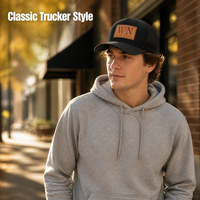 Casquette Trucker en cuir personnalisée avec logo, dos en maille, fermeture snapback, logo en relief, bicolore