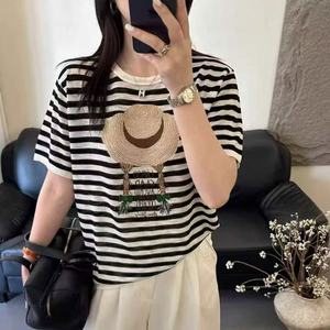 New <strong>Black</strong> <strong>and</strong> <strong>White</strong> <strong>Striped</strong> Knit T-Shirt for Women, Loose Slimming Breathable Versatile Short <strong>Sleeve</strong> <strong>Top</strong>, Casual Summer Tee - Product Image 5