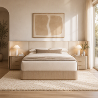 Lit plateforme moderne en chêne américain avec tête de lit capitonnée ultra-large, panneau mural, ensemble de lit king-size en bois de luxe pour chambre à coucher, hôtel, appartement