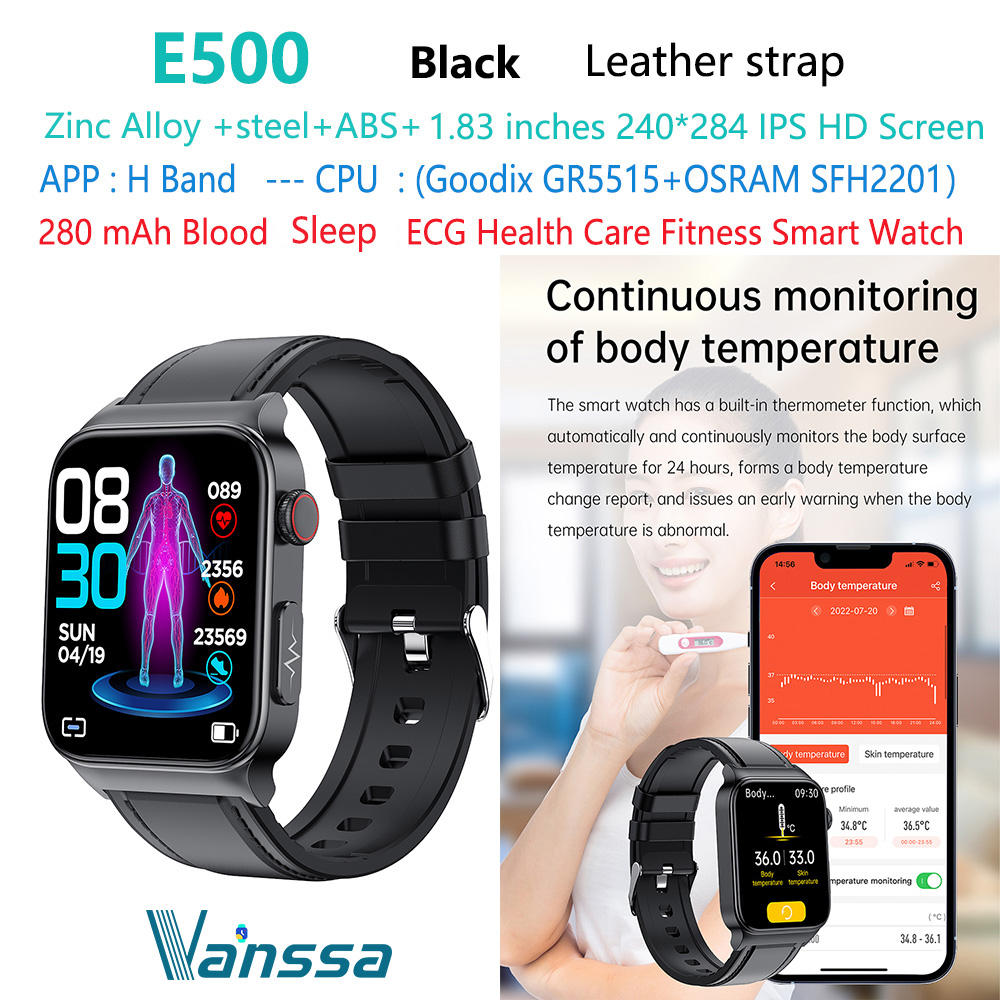 นาฬิกาอัจฉริยะ ECG สายหนังสีดำ E500สุขภาพเลือด