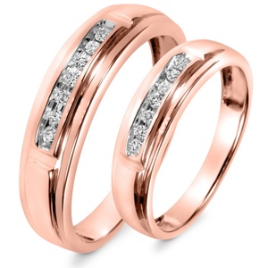 Anillos de Compromiso y Matrimonio de Oro Rosa para Pareja, Anillos de Diamantes con Canal de Oro Amarillo de 18K, Certificados por IGI, Clásicos - Product Image 1