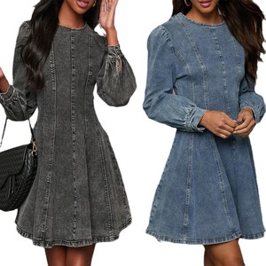 Elegante Abito in Denim a Maniche Lunghe da Donna con Dettaglio a Contrasto in Vita - Product Image 1