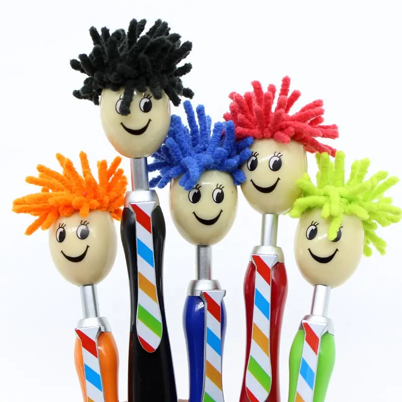 promotional cute smile face pen plastic gift pen kawaii boy ball pen with hair