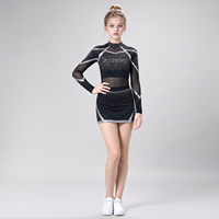 Tenue de cheerleading personnalisée pour filles, noire et argentée, avec strass, haut court en maille à manches longues et jupe, pour compétition d'équipe et spectacle