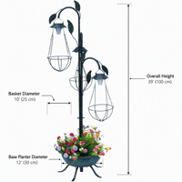 Support de Jardinière Solaire 3 Paniers 3 Lumières avec Paniers en Fibre de Coco Suspendus, Cadre en Fer Thermolaqué, Décoration Quotidienne pour Jardin et Patio