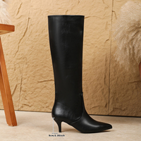 Nouvelles Bottes Montantes Femme Pointues Noires Brillantes à Talon Kitten, Élégantes pour l'Automne et l'Hiver