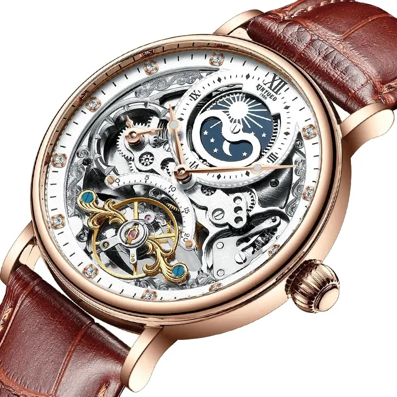 KINYUED orologio automatico impermeabile di alta qualità in pelle di lusso per uomo orologi meccanici in lega di vetro in acciaio inossidabile rotondo 14mm