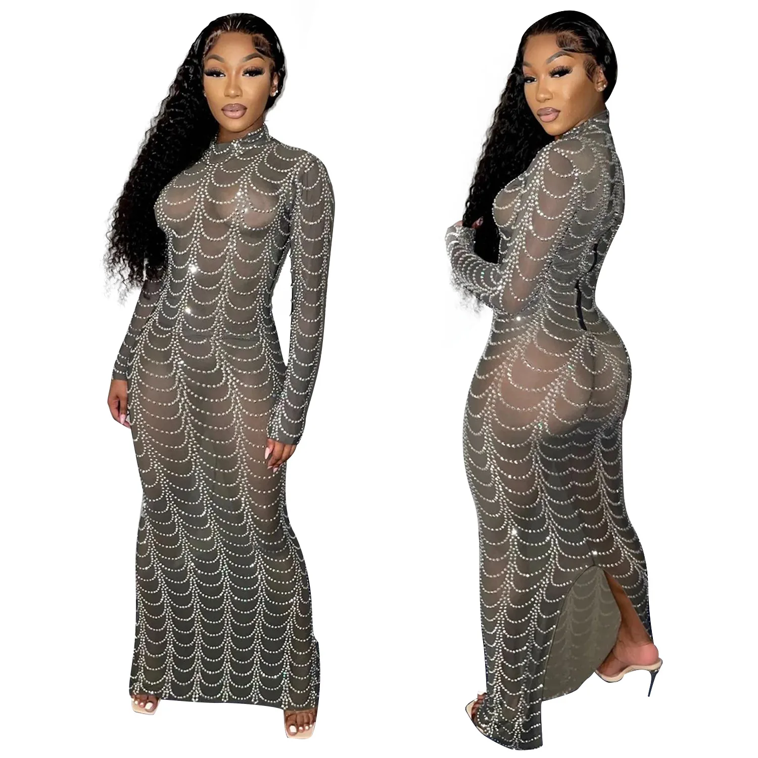 Блестящее прозрачное Сетчатое платье со стразами, женское вечернее платье макси для празднования дня рождения и танцев