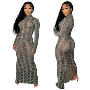 Sparkly Rhinestones Mesh Transparent Dress Women Evening Birthday Celebrate Dance Maxi Sexy Dress