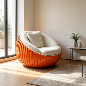 Sillón individual de fibra de vidrio naranja con nervaduras verticales, cojín de bouclé color crema, redondo y cerrado, para sala de estar - Product Image 6