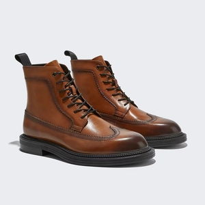 Wholesale <strong>Men's</strong> <strong>Tan</strong> Ankle <strong>Boots</strong> Gradient Polished Leather Lace-Up Design Breathable Lining - Product Image 1