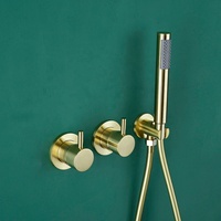 Robinet de salle de bain en laiton à double poignée encastré, finition or brossé, avec cartouche céramique et jets de massage et de pulvérisation