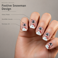 Faux ongles de Noël à presser, 24 pièces, carrés, prêts à poser, motif bonhomme de neige 3D, manucure française blanche