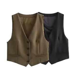 PB&ZA Women 2024 spring New Fashion Slim and short Tweed Cropped Vest Coat Vintage Sleeveless Female Waistcoat Chic Tops