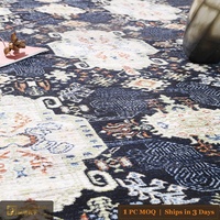 Tapis de salon LandScopeTech turc vintage, style Wilton tissé, aspect fait main, motif médaillon traditionnel, bleu marine, haute densité, prêt à expédier