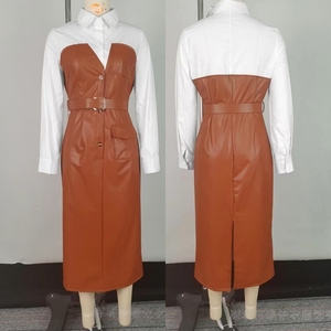 X8409 Abito Elegante da Ufficio per Donna, <span class=keywords><strong>Vestito</strong></span> Casual in Pelle PU con Maniche Lunghe e Cintura, Design a Contrasto - Product Image 2