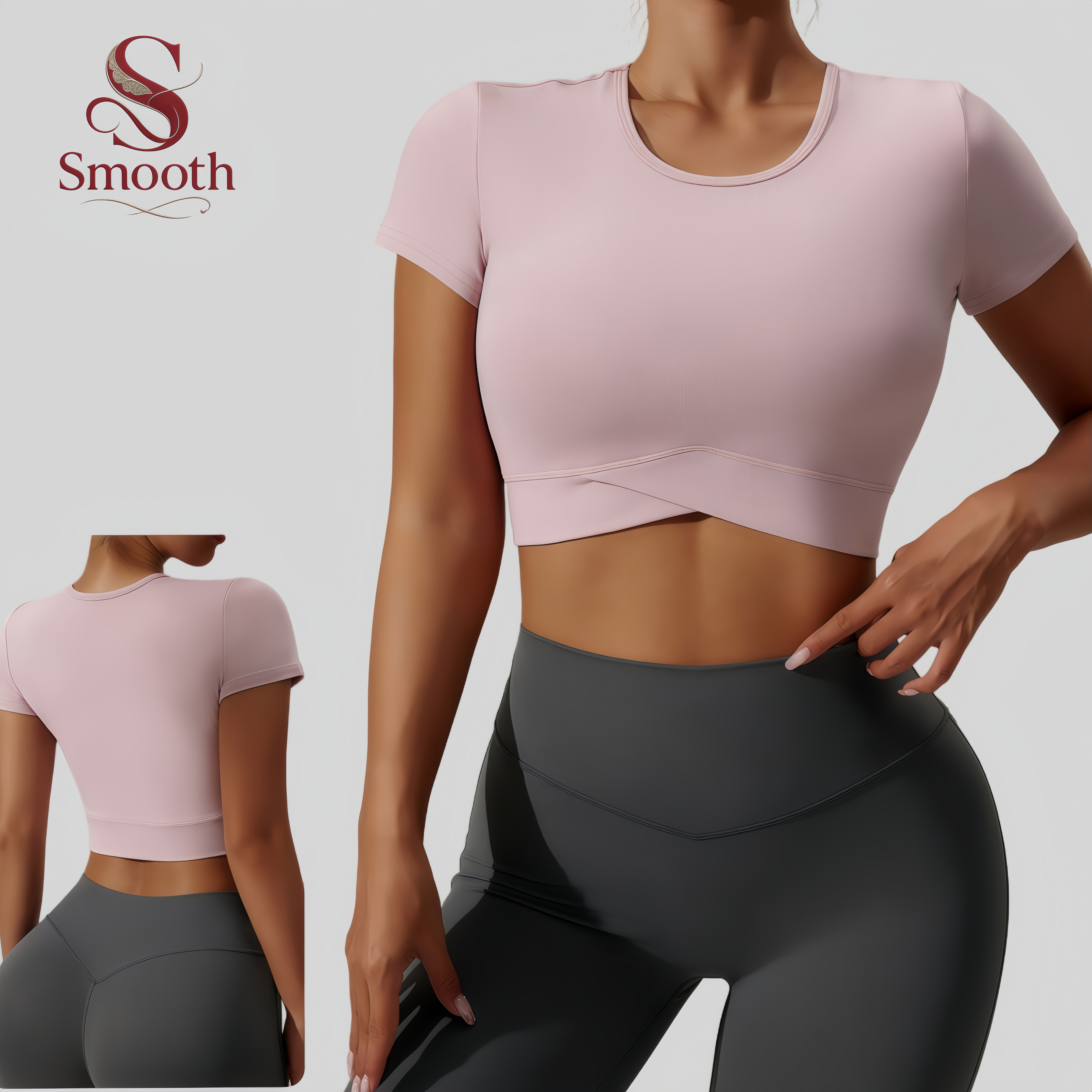 SMOOTH Customized Women's Summer Sexy Cropped Round Neck Yoga T-shirt, Short-sleeved High-elastic Breathable Sportswear