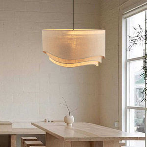Japanese Wabi Sabi Linen Chandelier Round E27 Led <b>Light</b> For <b>Dining</b> Living Room Bedroom Study Tea Room - Product Image 1