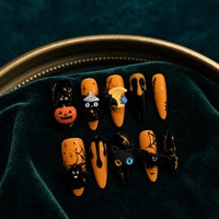 Kuku Palsu Oval Panjang Warna Oranye Buatan Tangan Kelas Atas untuk Musim Gugur/Dingin, Motif Kartun Labu dan Kelelawar untuk Halloween