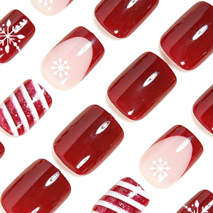Uñas Postizas Color Vino Tinto Navideño con Diseño de Copos de Nieve y Rayas Brillantes para Fiestas, Salón de Belleza y Uso Personal - Product Image 3