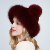 Bonnet en fourrure de vison véritable Bonnet d'hiver pour femmes Chapeaux à bord de renard épais et chaud Casquettes en fourrure de renard avec pompon Bonnets en tricot de fourrure à la mode
