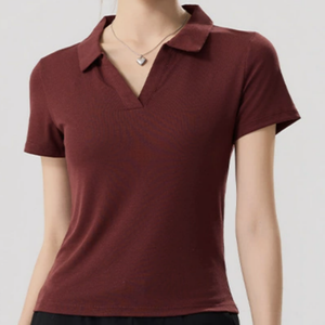 Camiseta Polo de Manga Corta de Punto de Color Sólido para Mujer, Informal, de Longitud Regular, con Cuello en V - Product Image 1