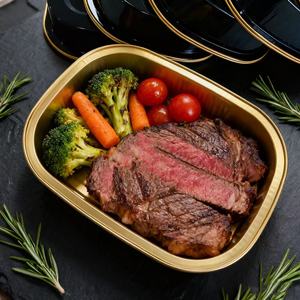 Bon prix, barquette en <span class=keywords><strong>aluminium</strong></span> noir doré de 600 ml, barquette pour la restauration rapide, compatible four, <span class=keywords><strong>jetable</strong></span>, de qualité alimentaire, avec couvercle transparent en PET - Product Image 1