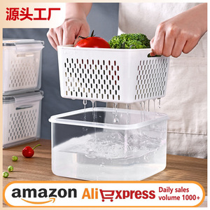 Japanese Style Double Layer <b>Refrigerator</b> Storage Box Rectangle Food Grade Plastic Stackable Draining Preservation <b>Container</b> For - Product Image 2