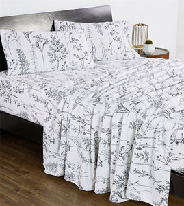 Hot Selling Premium White Black Botanical Floral Printed 100% Cotton 4 Piece <strong>Sheet</strong> Set Soft Breathable Skin-Friendly Bed Linens - Product Image 1