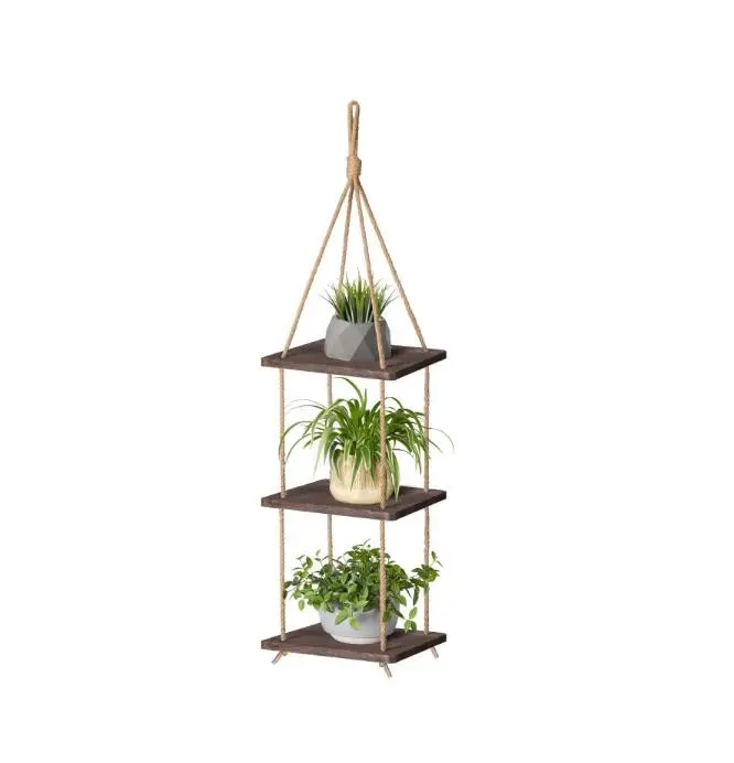 Wood Hanging Planter Shelf Plant Hanger 3 Tier Decorative Flower Pot Rack with Jute Rope Home Decor