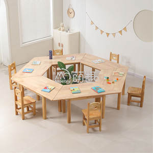 Moetry Meubles <span class=keywords><strong>en</strong></span> bois pour la sécurité préscolaire Tables trapézoïdales hexagonales épissées Chaises de bureau collaboratives pour l'école maternelle - Product Image 1