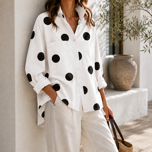 Camicia da Donna Personalizzata OEM ODM con Stampa a Pois, Blusa Oversize a Maniche Lunghe, Elegante e Casual con Bottoni - Product Image 4