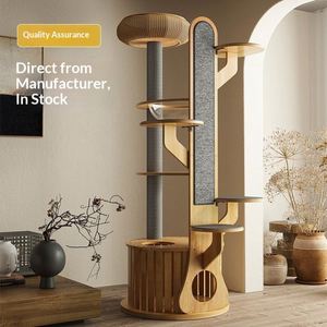 Arbre à chat haut en bois de caoutchouc massif de qualité supérieure avec lit de repos tressé, poteau à gratter en sisal, griffoir mural et condo fermé pour chat - Product Image 1