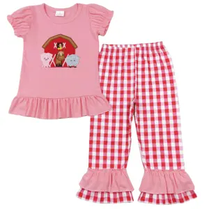 Vente en gros d'ensembles de broderie pour enfants en bas âge chemises de cheval de ferme à manches courtes roses pour tout-petits pantalons à carreaux pour enfants tenue pour bébé