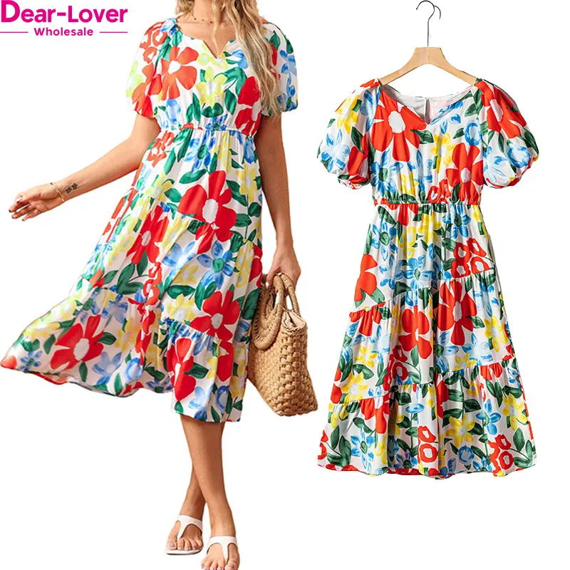 Dear-Lover Odm Custom Logo Private Label Boho Multicolor Bubble Sleeve Midi Floral Dress For Women