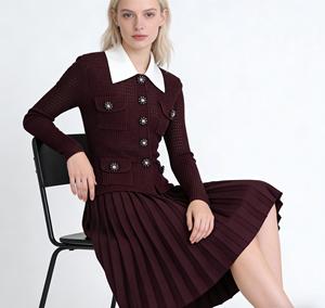 Robe courte en tricot crochet de luxe pour femmes avec boutons en strass et col <span class=keywords><strong>Peter</strong></span> Pan contrastant - Product Image 2