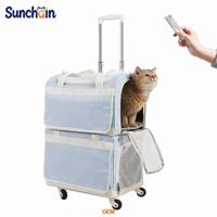 Sac de transport à roulettes pour animaux de compagnie avec poignée télescopique, sac de voyage 2 niveaux pour chat et chien avec rideau et ventilation en maille, portable, bleu