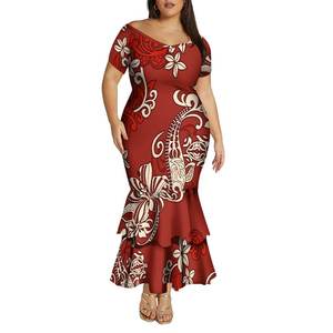 Gaun ekor ikan wanita ukuran Plus gaun pesta bahu terbuka leher V rendah musim panas mode kustom gaun panjang desain Polinesia - Product Image 4