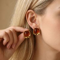 Boucles d'oreilles clous carrées vintage style français en résine, plaqué or véritable, acier inoxydable, pour femme, simples, chics et haut de gamme, les plus vendues