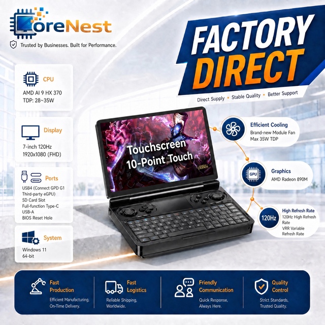 CoreNest WIN Mini 7 Inch Handheld Gaming Laptop AMD Ryzen AI 9 HX 370 120Hz VRR LTPS 32GB LPDDR5x 2TB SSD Pocket Gaming Laptop